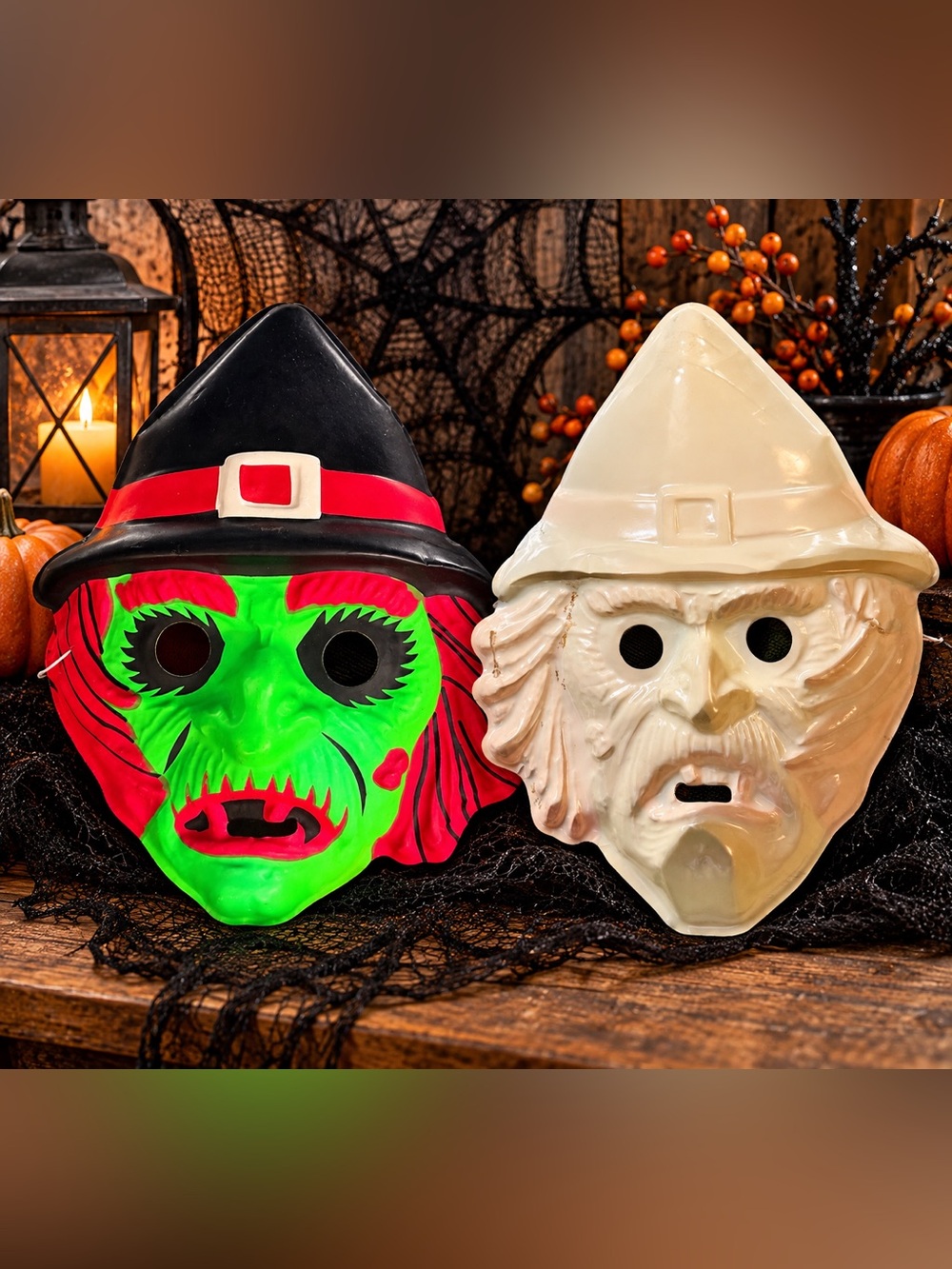 Vintage Witch Halloween Mask – Neon Green & Red Retro Plastic Costume Mask